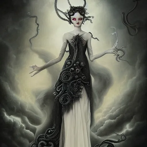 Prompt: By Tom Bagshaw, ultra realist soft painting of a curiosities carnival spikes flowers and tentacles by night, beautiful dark eyed evil porcelain doll in full long dress, symmetry accurate features, very intricate details, omnious sky, black and white, volumetric light clouds