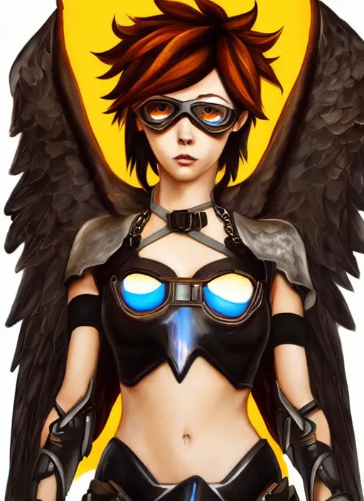 Prompt: full body oil painting of tracer overwatch, angel wings, dramatic painting, symmetrical composition, wearing detailed leather choker, black shiny armor, chains, detailed face and eyes,