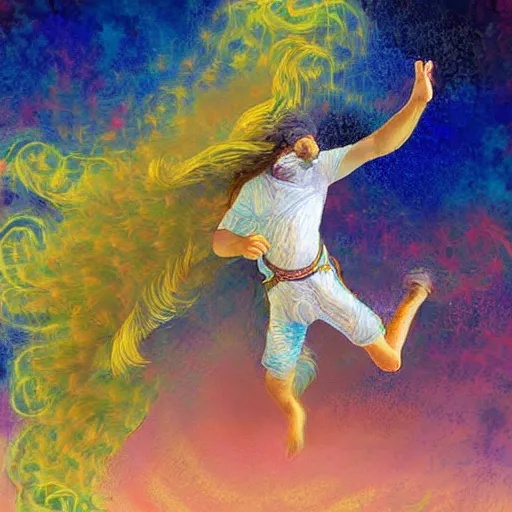 Image similar to arab man with curly hair skydiving, pastel colors, digital painting, impressionist, figurative, intricate details, dreamy, fairylike