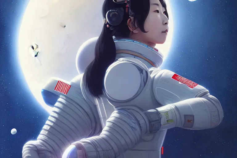 Image similar to portrait of lee chae - rin in a spacesuit frowning, moon base with earth in the night sky, artgerm, ilya kuvshinov, krenz cushart, ruan jia, realism, ultra detailed, 8 k resolution