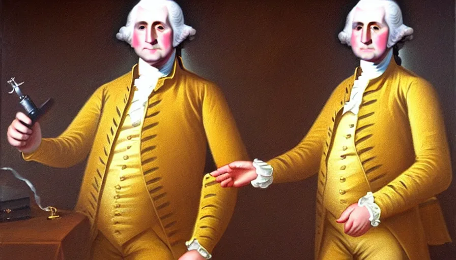 Prompt: george washington holding playstation controller! in the style of an oil painting, historical, highly detailed