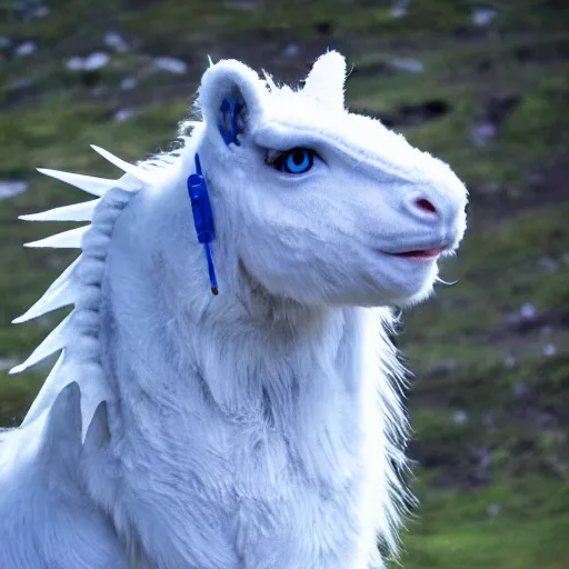 Image similar to white furry dragon with a blue neck mane, 2 grey horns from a 3/4ths angle