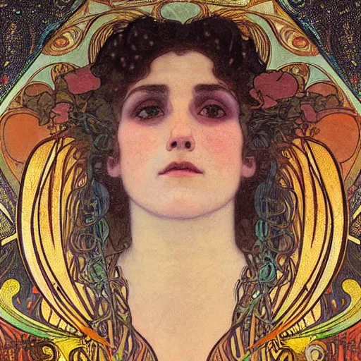 Prompt: salome among the stars beautiful detailed romantic art nouveau face portrait by alphonse mucha and gustav klimt, hauntingly beautiful refined moody celestial dreamscape