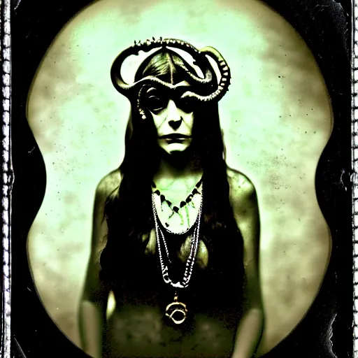 Image similar to tintype ambrotype daguerreotype of a cthulhu priestess adorned in occult jewelery with tentacle hair. emerging walking out of a slithering baroque frame. she is high priestess of cthulhu. tintype