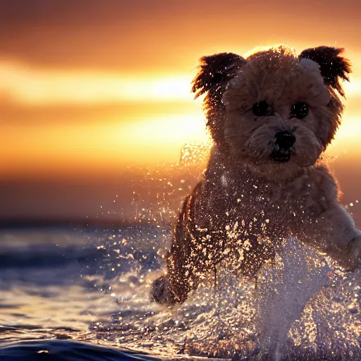 Image similar to a closeup photorealistic photograph of a cute smiling tiger bichon puppy splashing in the surf during sunset. professional capture, well lit shot. this 4 k hd image is trending on artstation, featured on behance, well - rendered, extra crisp, features intricate detail, epic composition and the style of unreal engine.