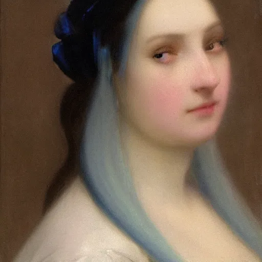 Prompt: a young woman’s face, her hair is silver, she wears a long flowing blue satin veil, by ivan aivazovsky and pieter claesz and paul delaroche and alma tadema and august malmstrom and and willen claesz heda and aelbert cuyp and gerard ter borch, hyperrealistic, volumetric light, rendered in octane, c4d