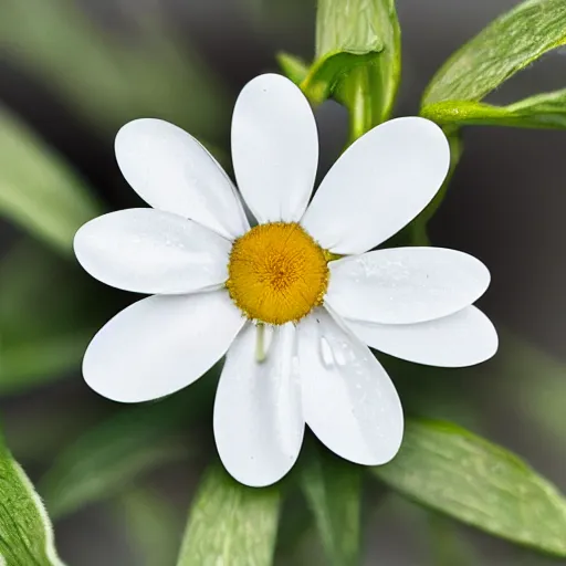 Image similar to white flower with sharp petals, metal dot inclusions in stem, smooth, silvery, contrast, side light, product shot