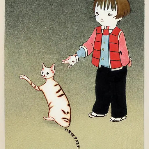 Prompt: the first ever interaction between a cat an human by tsuguharu foujita