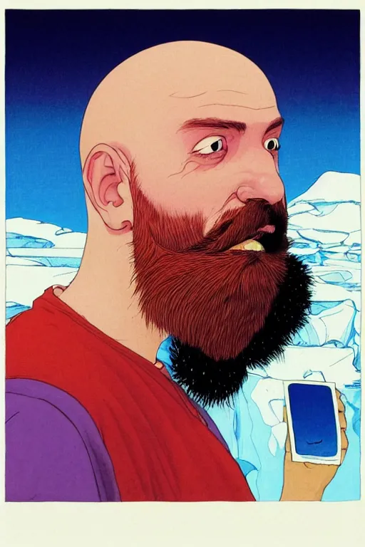 Image similar to a colorful closeup portrait of a bald man with a huge beard tasting a blotter paper of lsd acid and dreaming psychedelic hallucinations in the vast icy landscape of antarctica, by kawase hasui, moebius and edward hopper, colorful flat surreal design, hd, 8 k, artstation