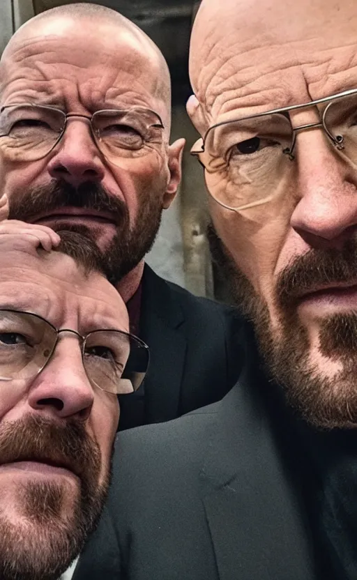 Image similar to img _ 1 4 2 4. jpg. walter white and john wick selfie. candid, looking at camera, snapchat, instagram, hashtags, accidental selfie, front camera, tiktok, popular, realistic, real life