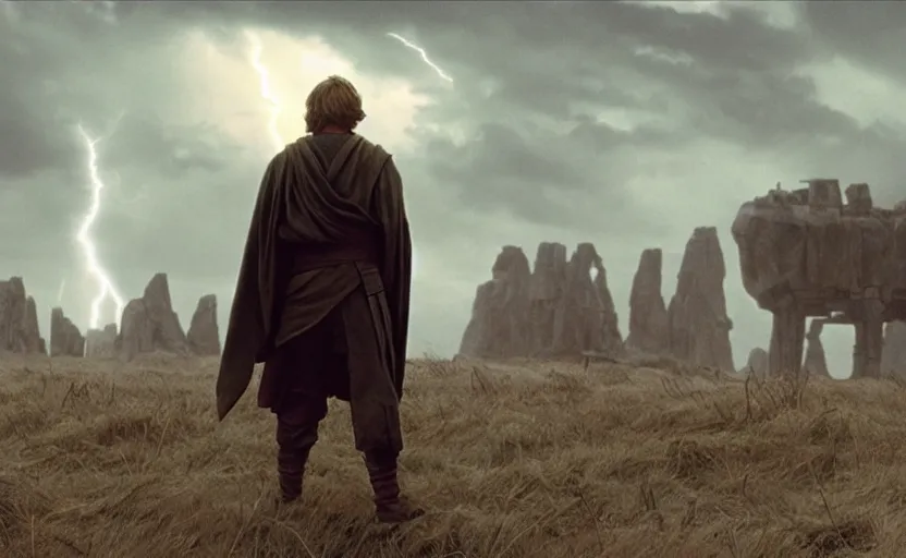 Image similar to screenshot portrait of Luke Skywalker in a windy lightning battlefield with scattered ruins of a fiery jedi rock temple, surrounded by giant AT-AT walkers, with young jedi army behind him, iconic scene from 1970s film by Stanley Kubrick, last jedi, 4k HD, cinematic lighting, beautiful portrait of Mark Hammill, moody scene, stunning cinematography, mcu effects, anamorphic lenses, kodak color film stock