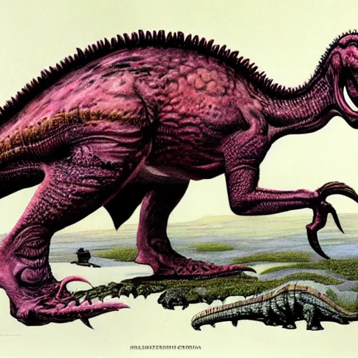 Prompt: a realistic dinosaur concept art, by william stout and wayne barlowe