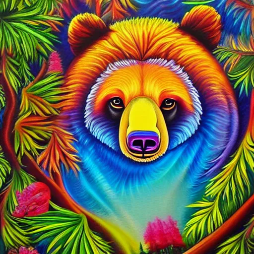 Prompt: a painting of a bear in a tree, an airbrush painting by lisa frank, trending on deviantart, psychedelic art, detailed painting, airbrush art, acrylic art