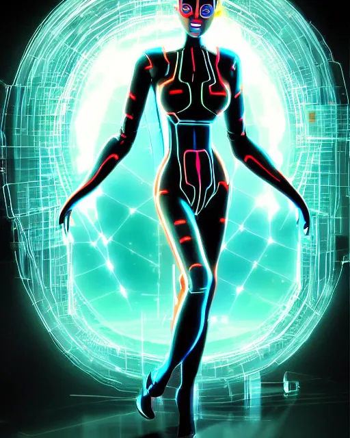 Prompt: a computer virus woman from Tron, wild, choatic villainess, corrupted data surrounds her, character design by jack kirby and syd mead, full color, full 3d environment, glowing datascape, intricate complexity, detailed portrait, intricate complexity, artgerm and artstation trending, quixel megascan