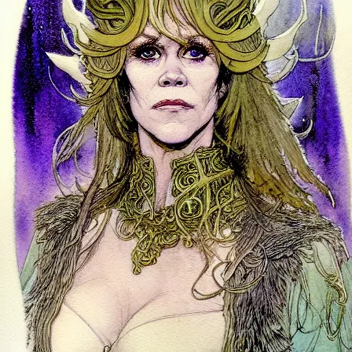 Prompt: a realistic and atmospheric watercolour fantasy character concept art portrait of jane fonda as a druidic warrior wizard looking at the camera with an intelligent gaze by rebecca guay, michael kaluta, charles vess and jean moebius giraud