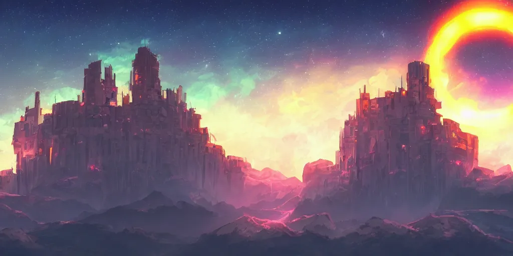 Image similar to stone castle in the style of cyberpunk and a glow ontop of a mountain, space sky, anime illustration,