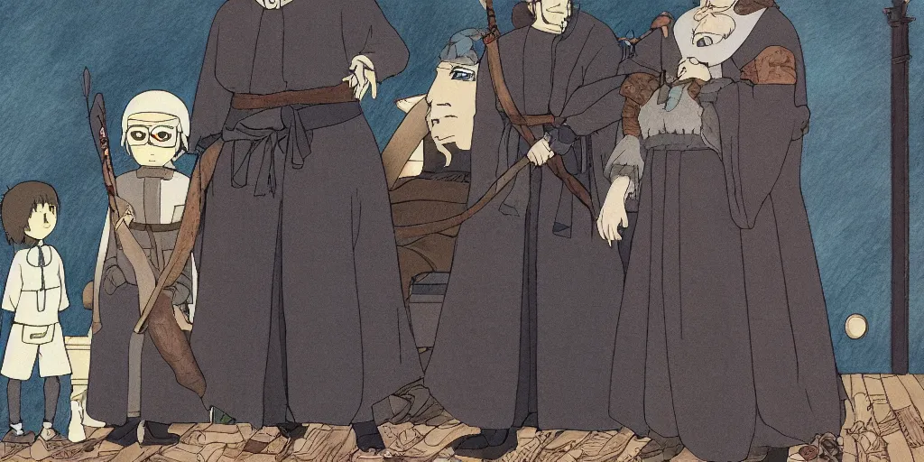 Prompt: Ivan the Terrible and his son anime characters, Ghibli style, Hayao Miyazaki, Kazua Oga