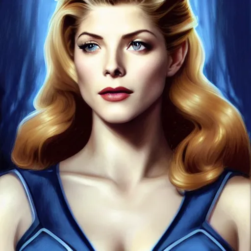 Image similar to A combination of Katheryn Winnick's and Grace Kelly's and Ashley Greene's faces with dark blue hair as Miss Martian, western, D&D, fantasy, intricate, elegant, highly detailed, digital painting, artstation, concept art, matte, sharp focus, illustration, art by Artgerm and Greg Rutkowski and Alphonse Mucha
