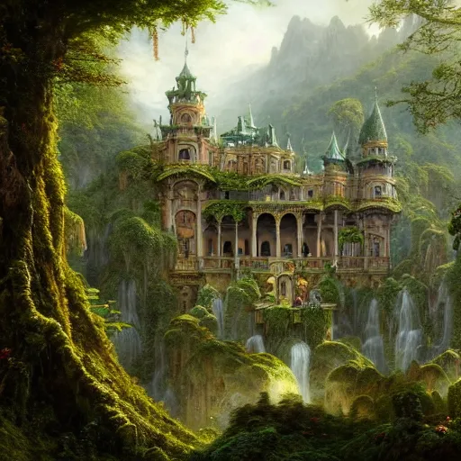 Image similar to a beautiful and highly detailed matte painting of an epic palace in a magical fantasy garden in a lush forest in the mountains, intricate details, epic scale, insanely complex, hyperdetailed, artstation, cgsociety, 8 k, sharp focus, hyperrealism, by caspar friedrich, albert bierstadt, james gurney, brian froud,