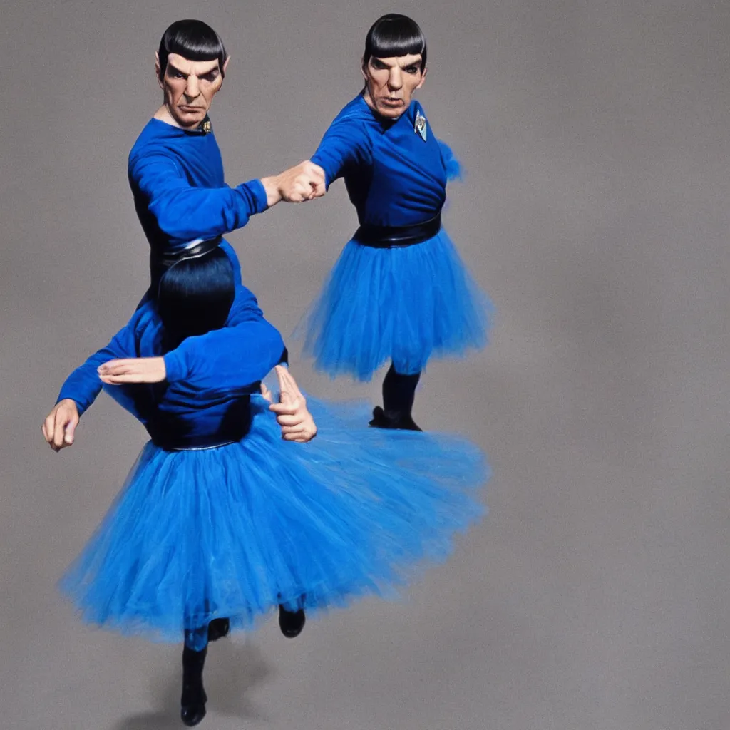 Prompt: spock wearing a blue tutu exiting the tardis