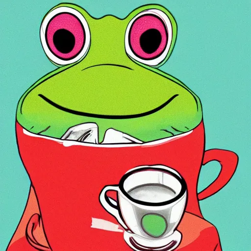 Prompt: mad frog drinking coffee