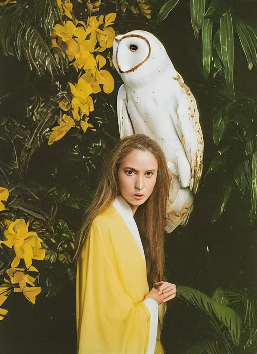 Image similar to grainy head to shoulder portrait Polaroid film photograph of an elegant top model wearing a yellow kimono with a very detailed barn owl on her shoulder!!! in a tropical greenhouse. looking at the camera!!. super resolution. Polaroid 600 film. art by Alessio albi and Annie Leibovitz.