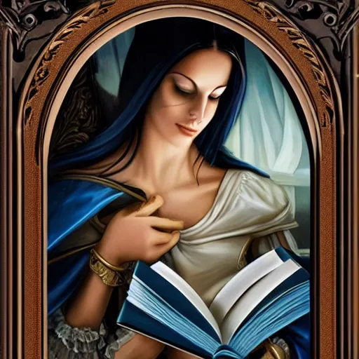 Image similar to a painting of a woman reading a book, a storybook illustration by Anne Stokes, featured on cgsociety, gothic art, wiccan, artstation hd, d&d