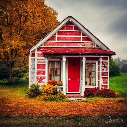 Prompt: small cottage with red shutters, photography, dreamy, fall