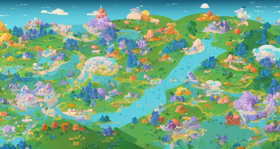 Image similar to a map of a fantasy land, a storybook illustration, featured on behance, magical beautiful landscape, 2 d game art by chiho aoshima