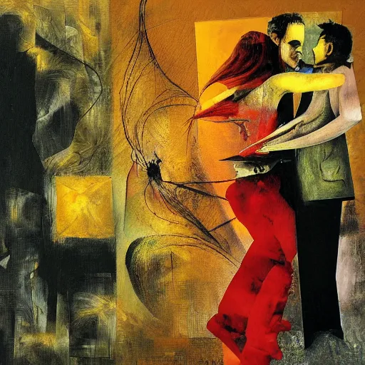 Image similar to tango, collage and oil on canvas by dave mckean