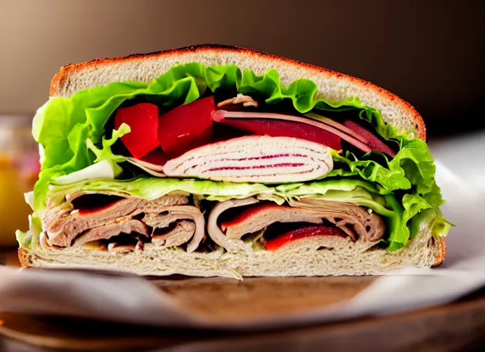 Prompt: dslr food photograph of a turkey club, 8 5 mm f 1. 8