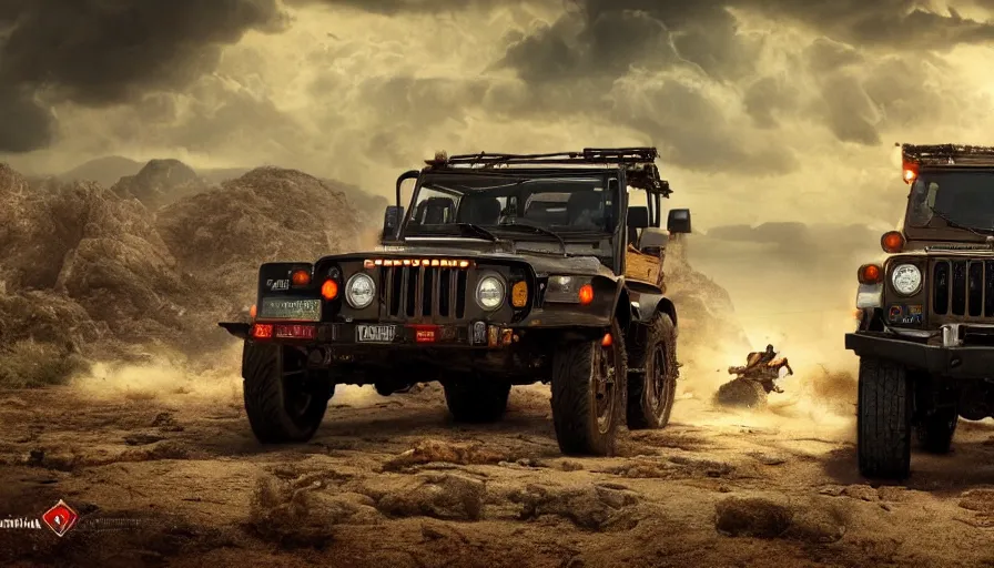 Image similar to Mahindra thar, tribe members attacking, furious action scene, Chase, an epic fantasy, dramatic lighting, cinematic, establishing shot, extremely high detail, photorealistic, cinematic lighting, artstation, by christopher nolan, horizon forbidden west