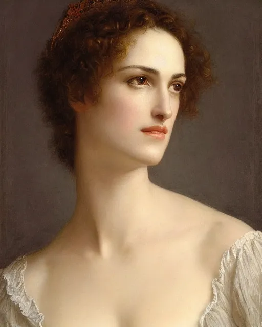 Prompt: portrait en buste of winona ryder in repose by Hughes Merle, Pierre Auguste Cot, perfect detailed eyes, realistic fabric, abundant detail, kiera knightley