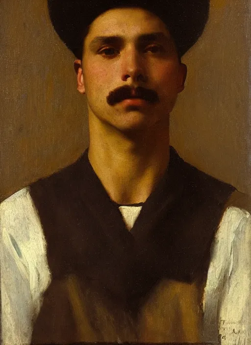 Image similar to portrait of a handsome latino man by thomas cooper gotch and franz xaver kosler, pre raphaelite, oil on canvas