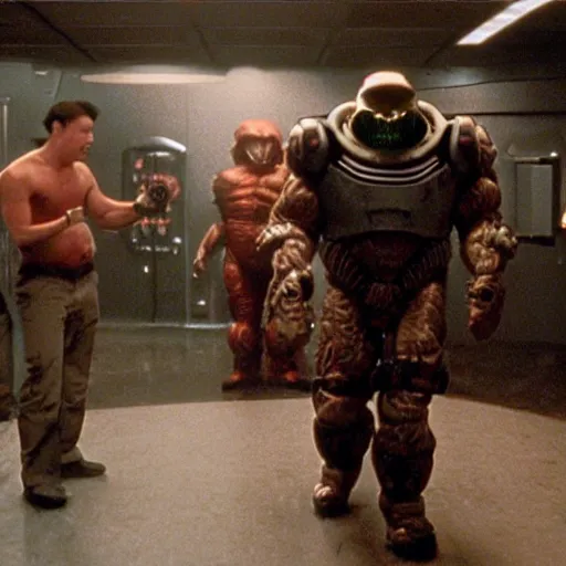 Prompt: a still of the movie weird science, 2 0 0 4 doom 3 visuals aesthetic