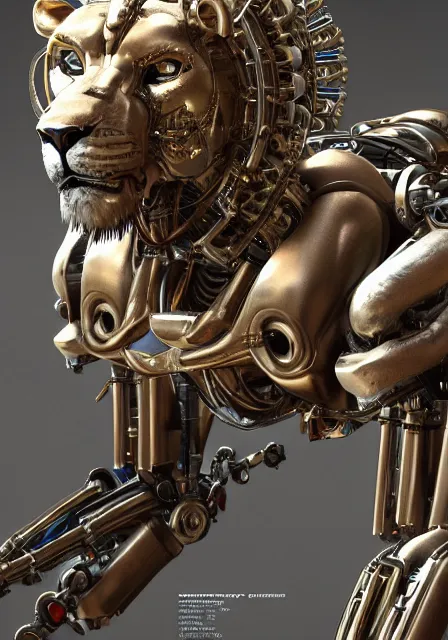 Image similar to complex 3 d render hyper detail portrait of a mechanical lion cyborg, sci fi, full body, intricate, art by kazuhiko nakamura and hajime sorayama, 8 k octane detailed render, post - processing, extremely hyperdetailed, intricate futuristic mechanic parts, maya, dark background, sharp focus, blender, cinematic lighting + masterpiece, trending on artstation