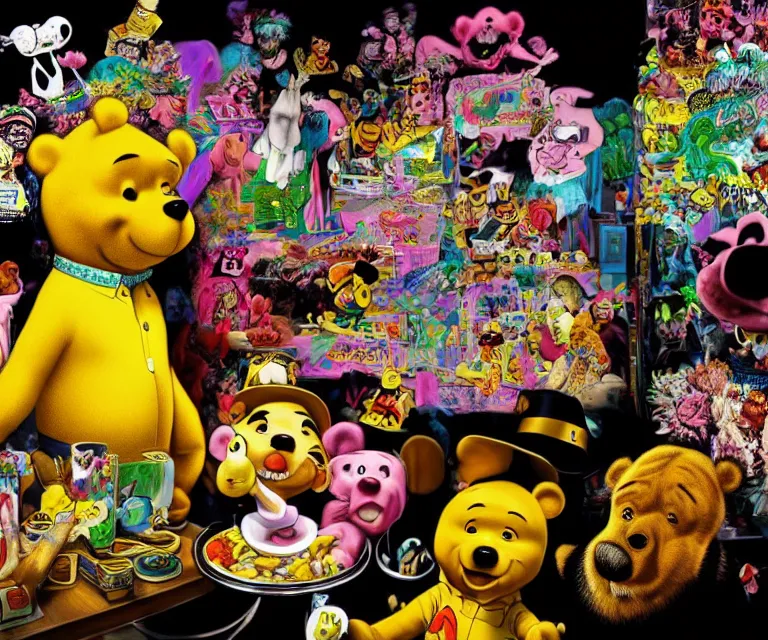 Image similar to hyperrealism fear and loathing in los vegas movie still photography of real detailed high xi jinping with detailed face with high winnie the pooh marijuana dmt lsd ecstacy cocaine hyperrealism photography by araki nobuyoshi, wlop, pixar