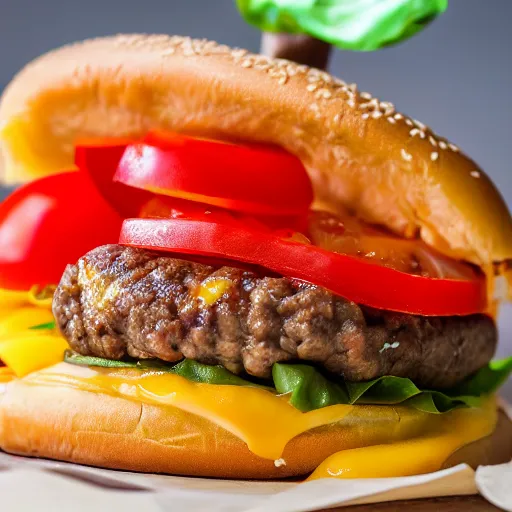 Image similar to closeup photo of most delicious cheeseburger with a slice of tomato inside