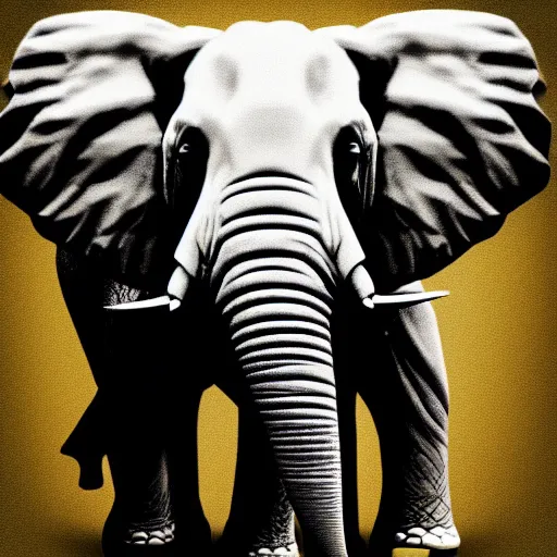 Image similar to a pixelated 1 bit elephant, behind the elephant is a golden sword.