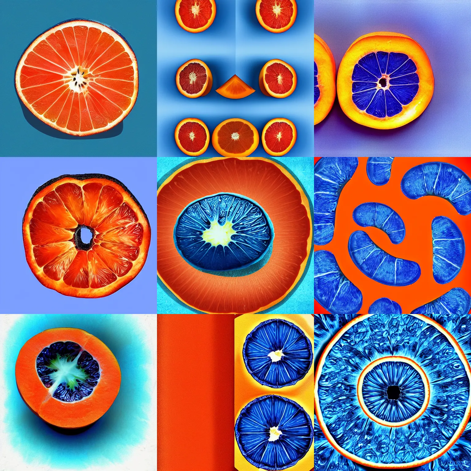 Prompt: A beautiful blue orange sliced in half with juicy flesh, digital art