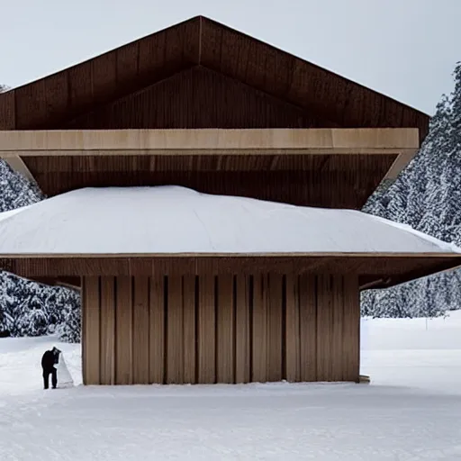 Image similar to winter wooden austere structures inspired by Peter Zumthor