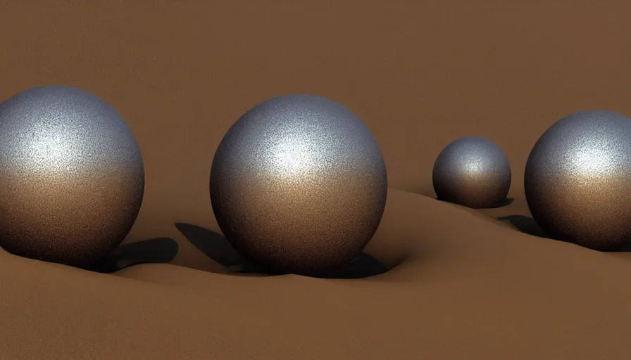 Image similar to metallic silver spheres in desert, sand dunes, heat wave, hyperdetailed, artstation, cgsociety, 8 k