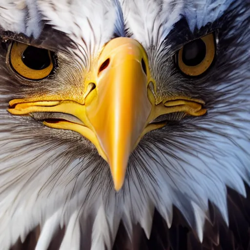 Prompt: Beautiful bald eagle looking into camera, high definition portrait, studio lighting