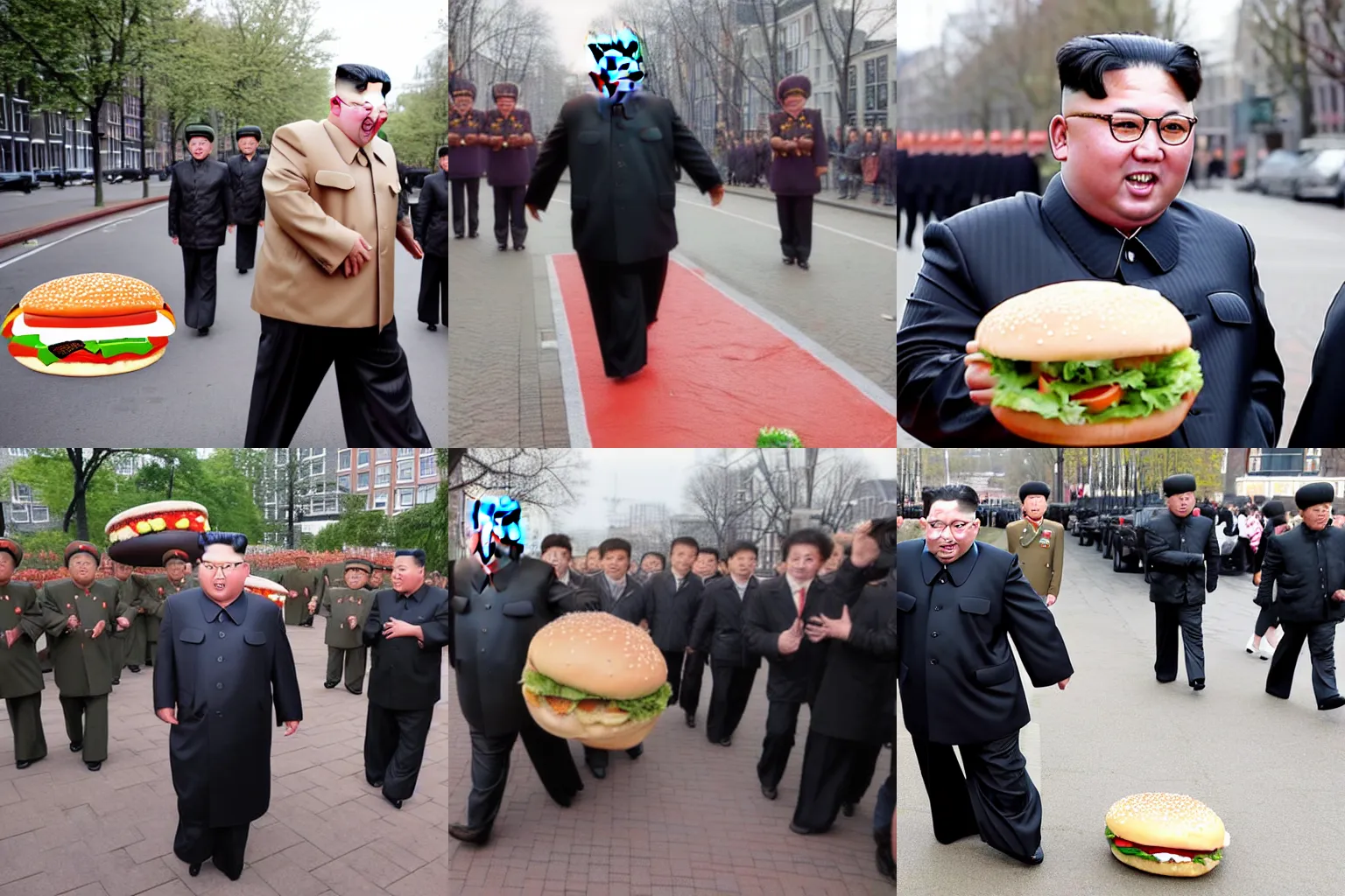 Prompt: kim jong un with the body of a hamburger walking on a street in amsterdam