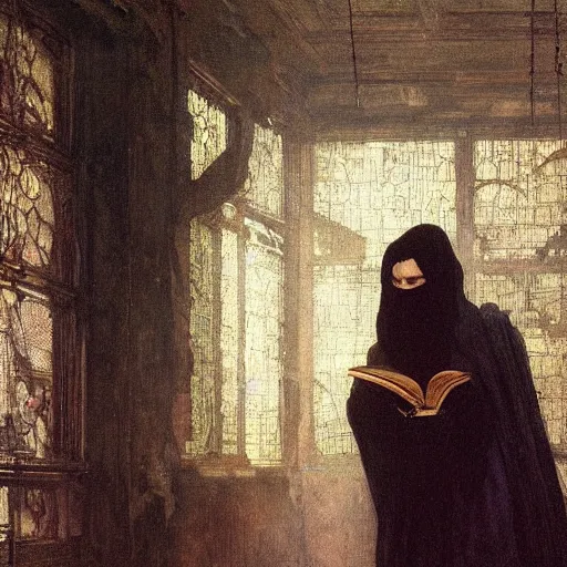 Prompt: half portait of magican wearing a closed cowl holding a big old book!, jeremy mann, jean leon gerome, alphonse mucha, greg rutkowski, hood covers his eyes, chains on his wrist, ( ( ruins of ancient rome ) ), at dusk, mysterious atmosphere, sunrays, dof, masterpiece, high detailed, 8 k