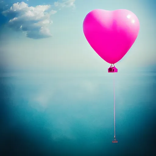 Image similar to a 5 0 mm lens photograph of a cute pink floating modern house, floating in the air between clouds, inspired by the movie up, held up from above by a heart - shaped ballon. mist, playful composition canon, nikon, award winning, photo of the year