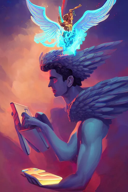 Image similar to the handsome greek god hermes, wearing winged helmet, holding glowing laptop computer, digital painting bioluminance alena aenami artworks in 4 k design by lois van baarle by sung choi by john kirby artgerm style pascal blanche and magali villeneuve