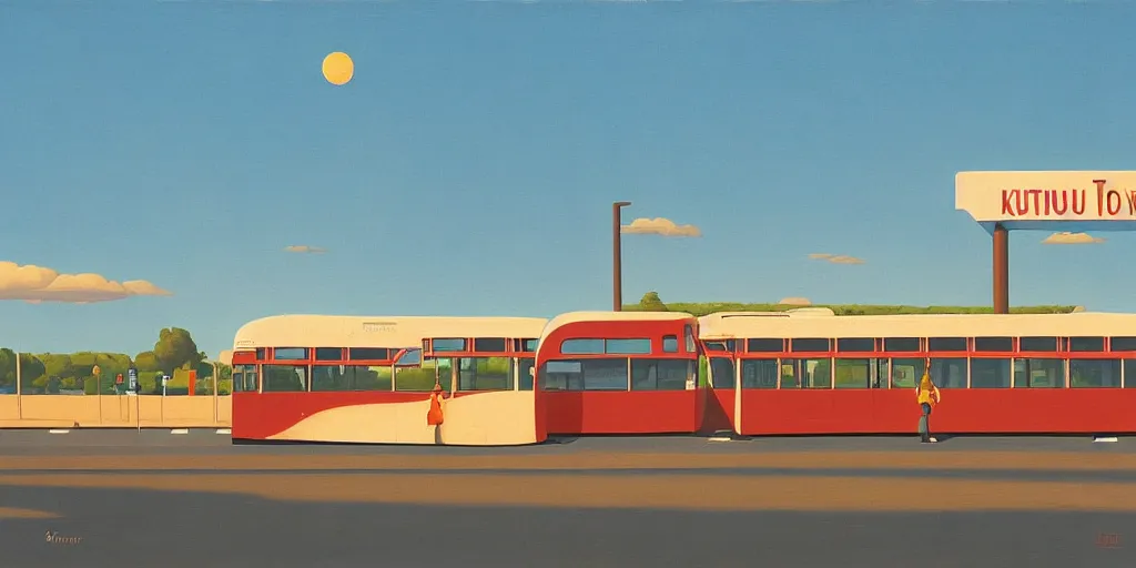 Image similar to a gigantic crab attacks a bus, blue sky, summer evening, kenton nelson