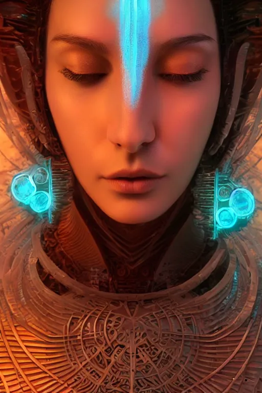Image similar to a render of an ancient futuristic ethereal alluring goddess with digital modifications surrounded by a underwater ink pour and flowing liquid gallium and complex sacred geometry, powerful, cinematic, beautifully lit, perfect face, by beeple, by artgerm, by karol bak, 3 d, trending on cgsociety, octane render, zbrush central, 8 k