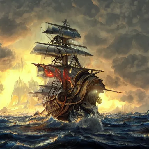 Image similar to pirate ship fighting off leviathan under sunny skies, trending on artstation, ultra fine detailed, hyper detailed, hd, concept art, digital painting